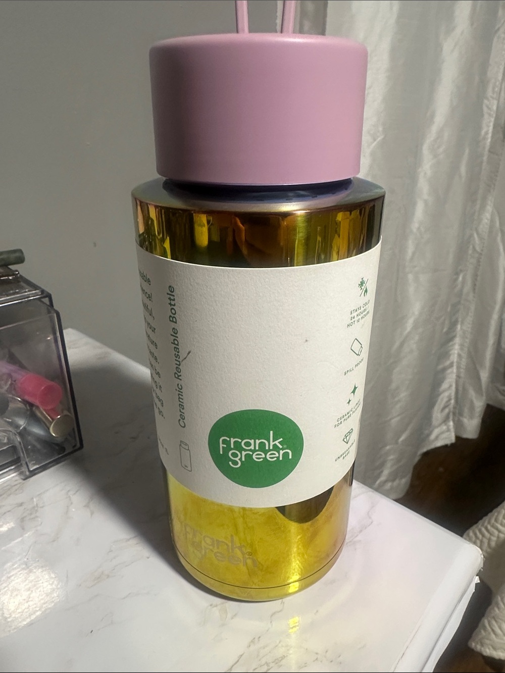 Pink Lid Gold Reusable Bottle